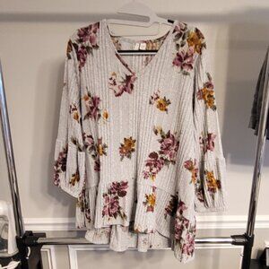 Est 1984 Sweater Top Womens Sz 18W 20W Gray Floral Peplum Cottagecore